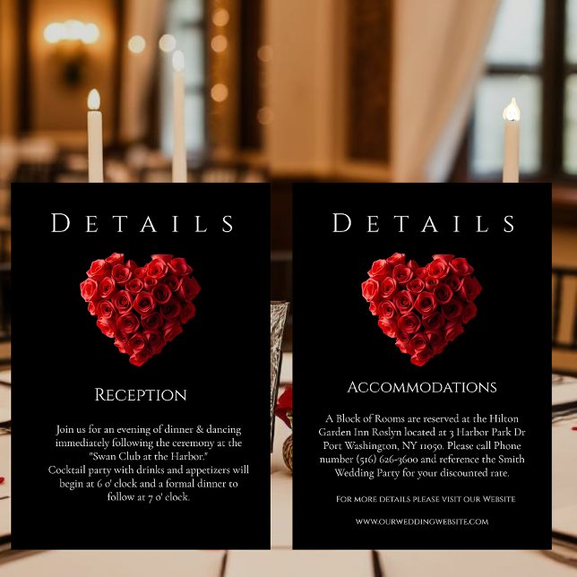 Carte D'accompagnement Détails de mariage - Roses rouges en forme de cœur (Red Roses in the Shape of a Heart Wedding Collection-Details- Black and White)