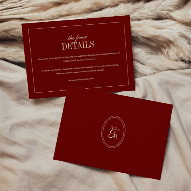 Carte D'accompagnement Détails de mariage rouge vin Monogramme Classique (Créateur téléchargé)