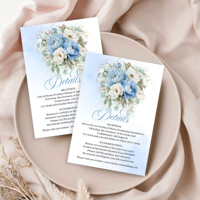 Carte D'accompagnement Détails de mariage rustique avec pivoines blanches (Bohemian Sky Blue White Peonies Rustic Wedding Details)