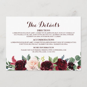 Carte D'accompagnement Détails de mariage rustique floral rouge Bourgogne