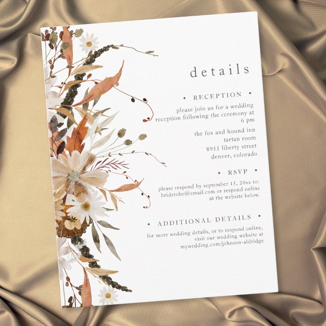 Carte D'accompagnement Détails de mariage rustique neutre boho automnal f (Boho Fall Floral Neutral Rustic Wedding Details Enclosure Card)