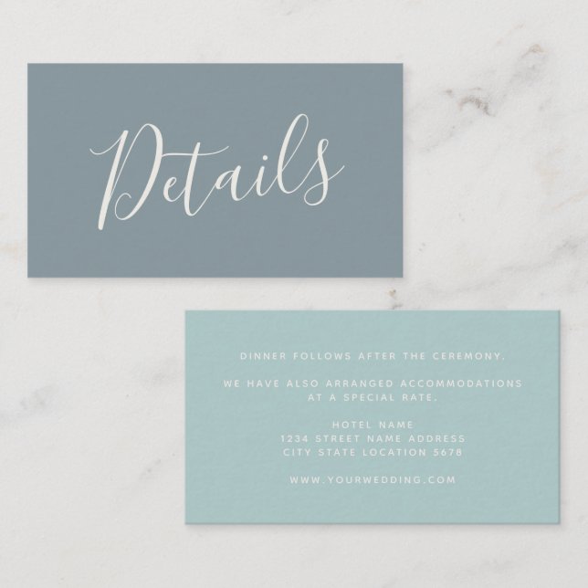 Carte D'accompagnement Détails de mariage Script Dusty Blue Sea Glass (Devant / Derrière)