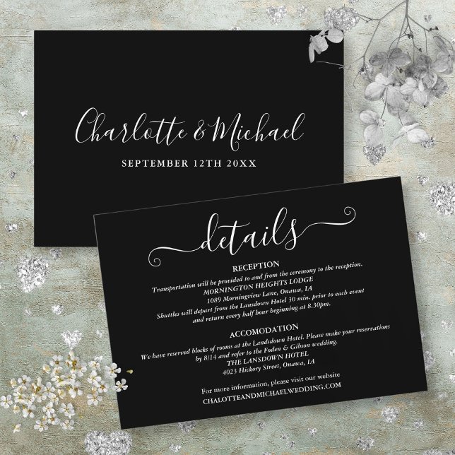 Carte D'accompagnement Détails de mariage Script Signature Noir et Blanc (Wedding Details Signature Script Black And White Enclosure Card)