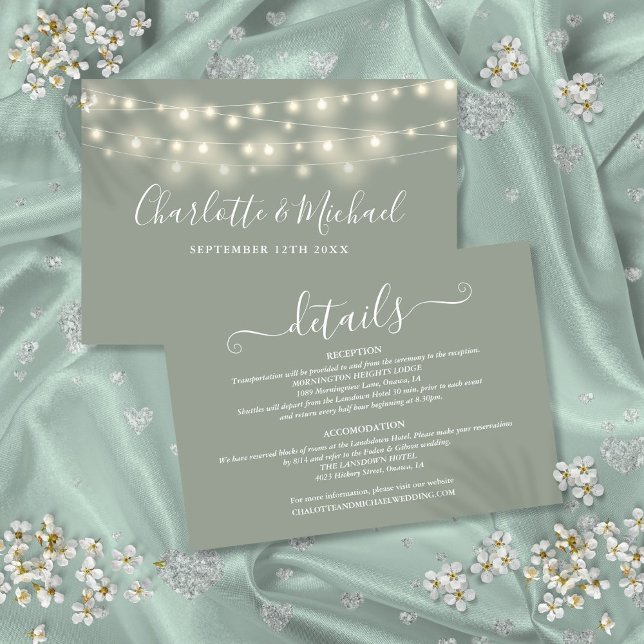 Carte D'accompagnement Détails de mariage Script Spring Lights Vert sauge (Wedding Details Spring Lights Script Sage Green Enclosure Card)