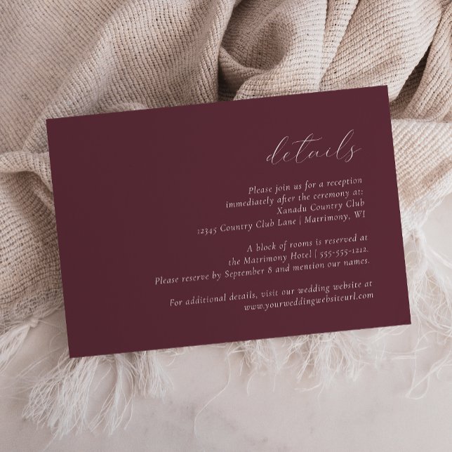 Carte D'accompagnement Détails de mariage Simple Élégant Script Bordeaux (Créateur téléchargé)