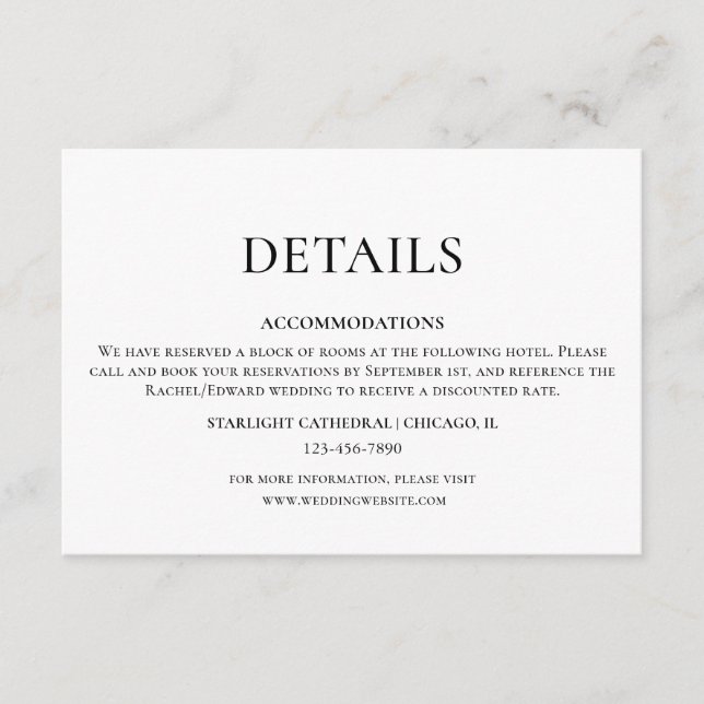 Carte D'accompagnement Détails de mariage simple noir et blanc (Devant)