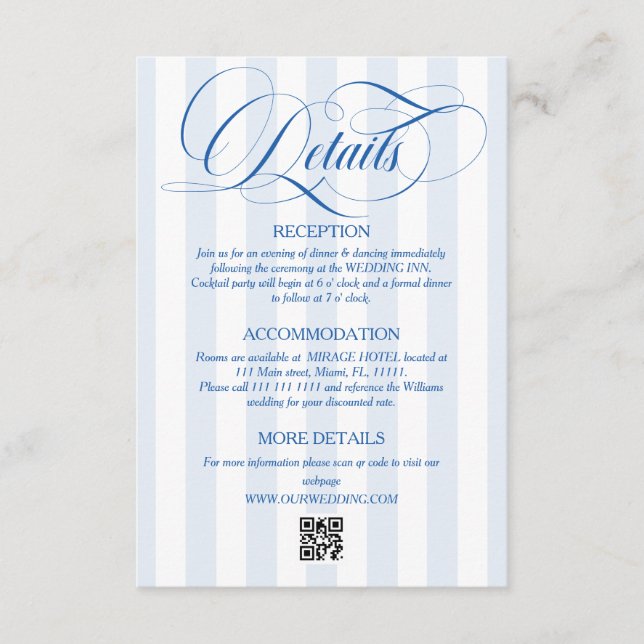 Carte D'accompagnement Détails de mariage simple rayé bleu (Devant)