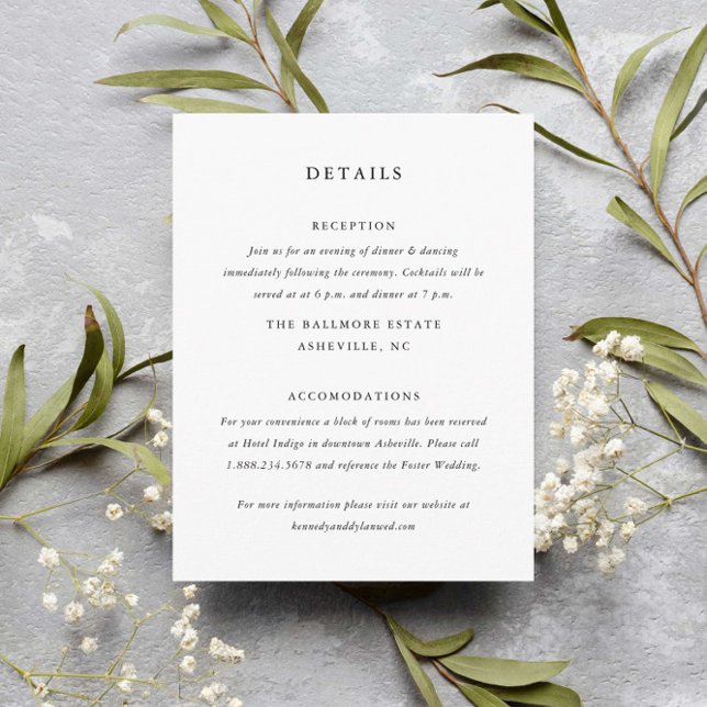 Carte D'accompagnement Détails de mariage simples en noir et blanc (Simple minimalist black and white wedding details enclosure card.)