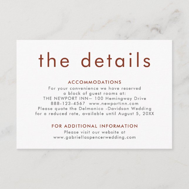 Carte D'accompagnement Détails de mariage simples en terre cuite moderne  (Devant)