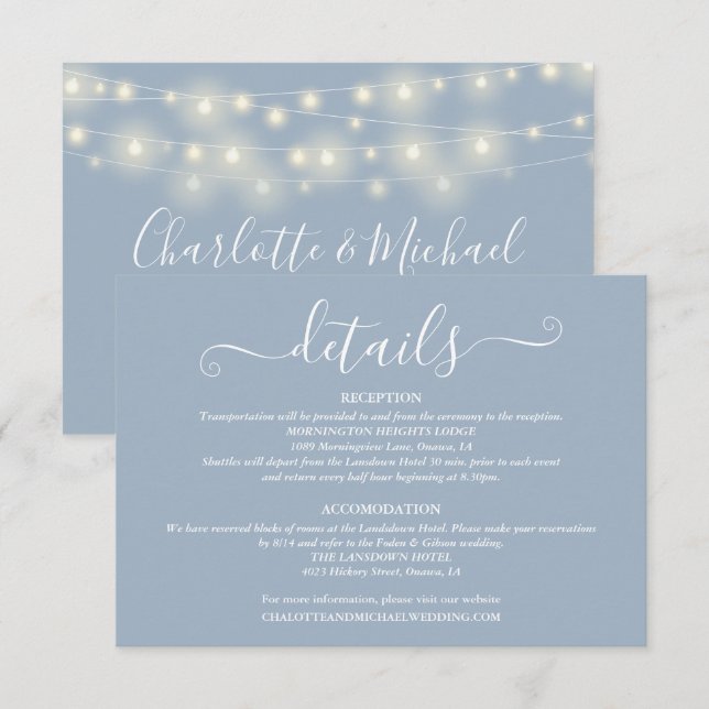 Carte D'accompagnement Détails de mariage Spring Lights Script Dusty Blue (Devant / Derrière)