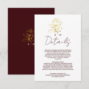 Carte D'accompagnement Détails de mariage tendance or monogramme burgundy