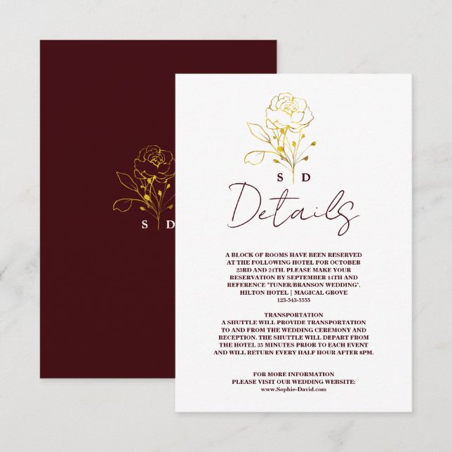 Carte D'accompagnement Détails de mariage tendance or monogramme burgundy (Devant / Derrière)