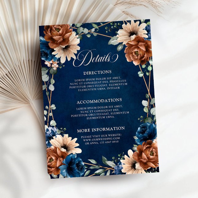 Carte D'accompagnement Détails de mariage Terracotta Navy Blue Greenery E (Terracotta Navy Blue Greenery Wedding Details Enclosure Card)