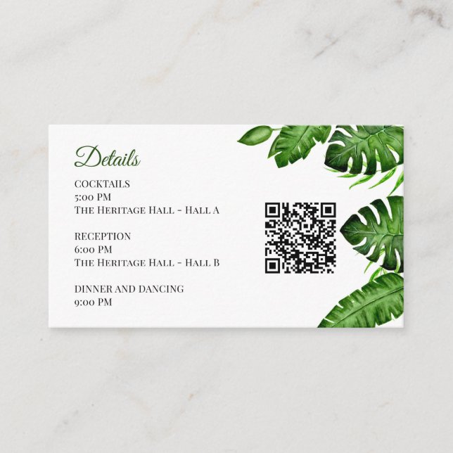Carte D'accompagnement Détails de mariage tropical QR Code Monstera verdu (Devant)