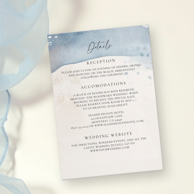 Carte D'accompagnement Détails de mariage vague de sable de plage d'océan (coastal wedding details card elegant blue beige sand water ocean boat yacht)
