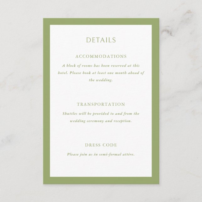 Carte D'accompagnement Détails de mariage vert (Devant)