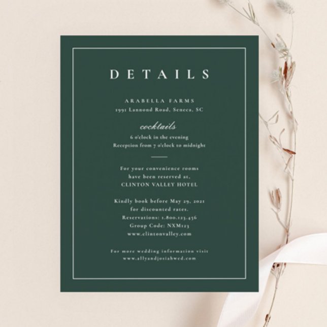 Carte D'accompagnement Détails de mariage vert élégant classique (Elegant Dark Green Wedding Details Enclosure Card.)