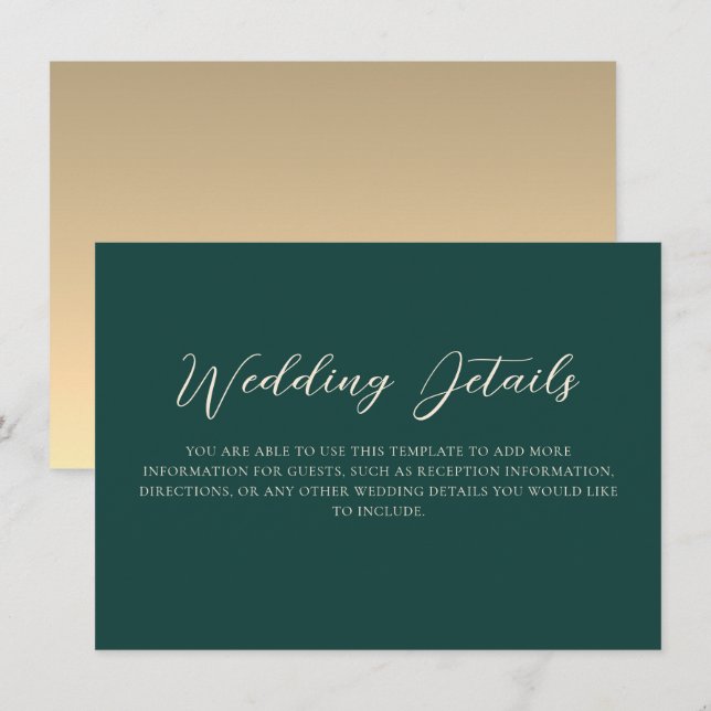Carte D'accompagnement Détails de mariage vert émeraude (Devant / Derrière)