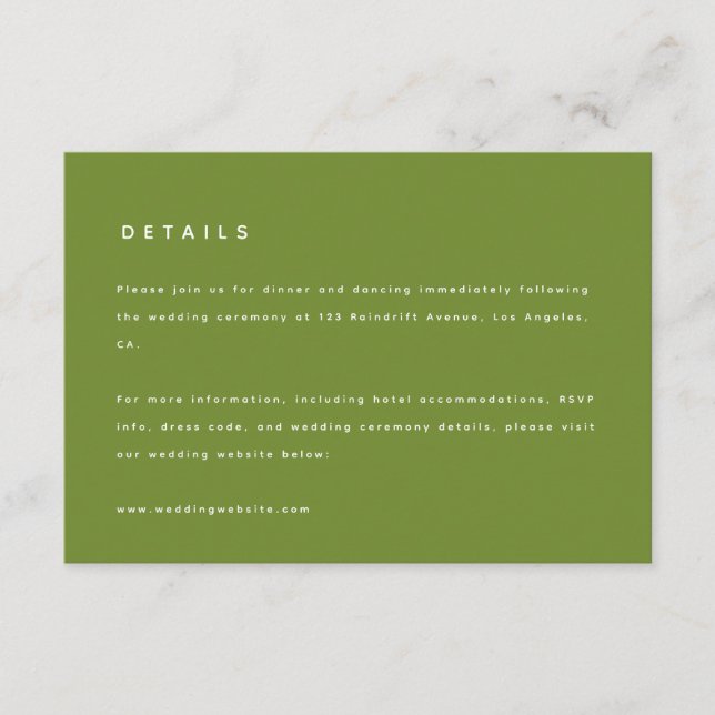 Carte D'accompagnement Détails de mariage vert olive moderne & site web (Devant)