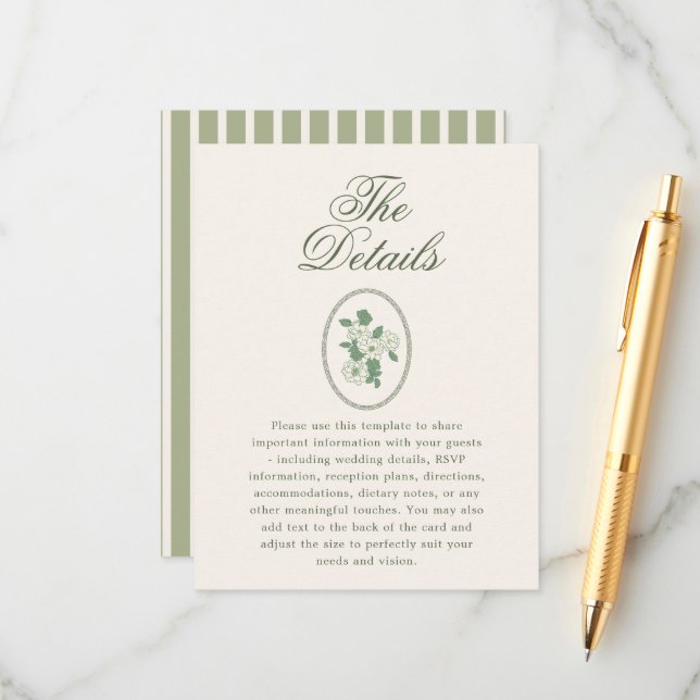 Carte D'accompagnement Détails de mariage vert sauge (Devant/Arrière en situation)
