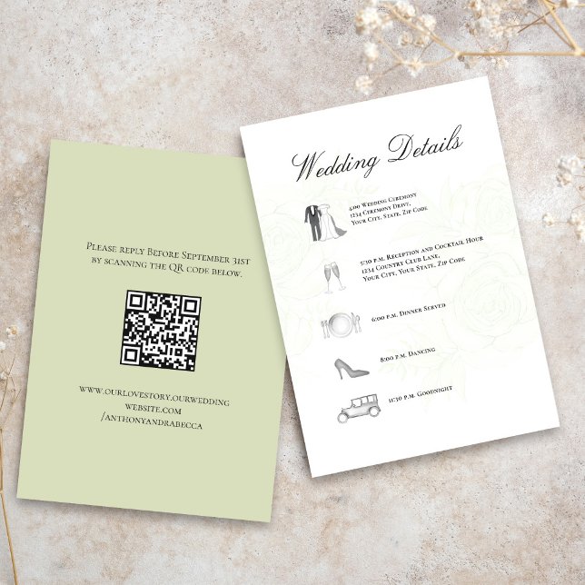 Carte D'accompagnement Détails de mariage Vert Sauge Code QR Calendrier (Elegant sage green wedding timeline card with icons and soft botanical background)
