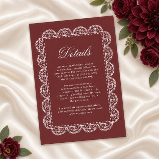 Carte D'accompagnement Détails de mariage vintage en dentelle de Bourgogn
