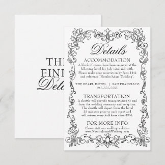 Carte D'accompagnement Détails de mariage vintage noir et blanc à l'ancie