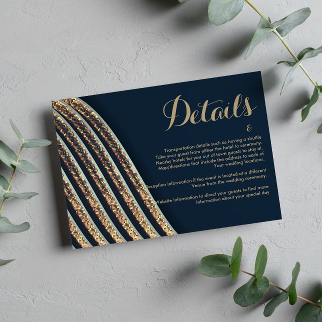 Carte D'accompagnement Détails de paillettes géométriques bleu marine sar (Geometric navy blue teal gold glitter Details Enclosure Card )