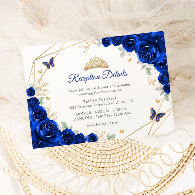Carte D'accompagnement Détails de Quinceanera Floral Bleu Royal Or (Créateur téléchargé)
