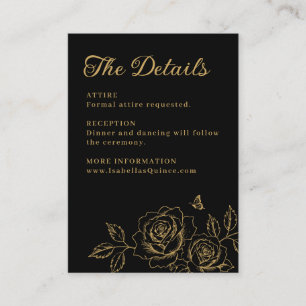 Carte D'accompagnement Détails de Quinceañera floraux noir et or
