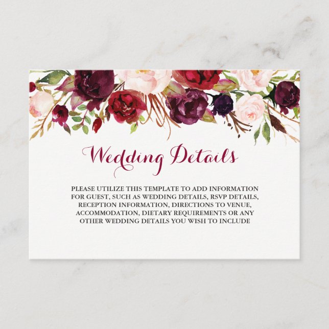 Carte D'accompagnement Détails de réception de mariage floral Bourgogne (Devant)