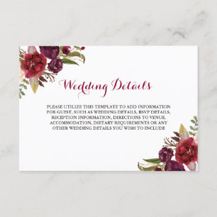 Carte D'accompagnement Détails de réception de mariage floral Bourgogne r
