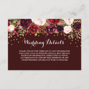 Carte D'accompagnement Détails de réception de mariage Floral Burgundy Go