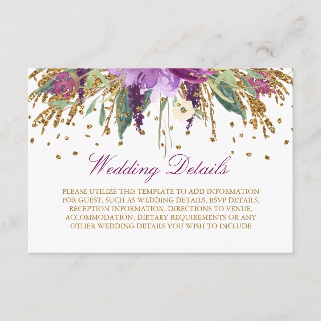 Carte D'accompagnement Détails de réception de mariage Floral Glitter Amé (Devant)