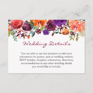 Carte D'accompagnement Détails de réception de mariage floral orange Bour