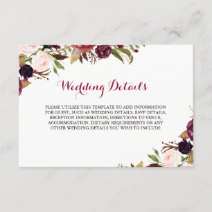 Carte D'accompagnement Détails de réception de mariage floral rouge Bourg
