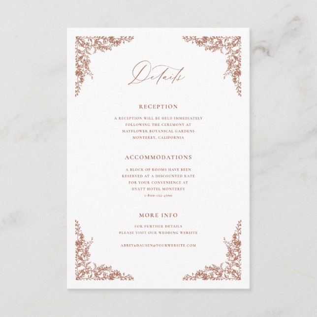 Carte D'accompagnement Détails de Terracotta Fiche Mariage Info (Devant)