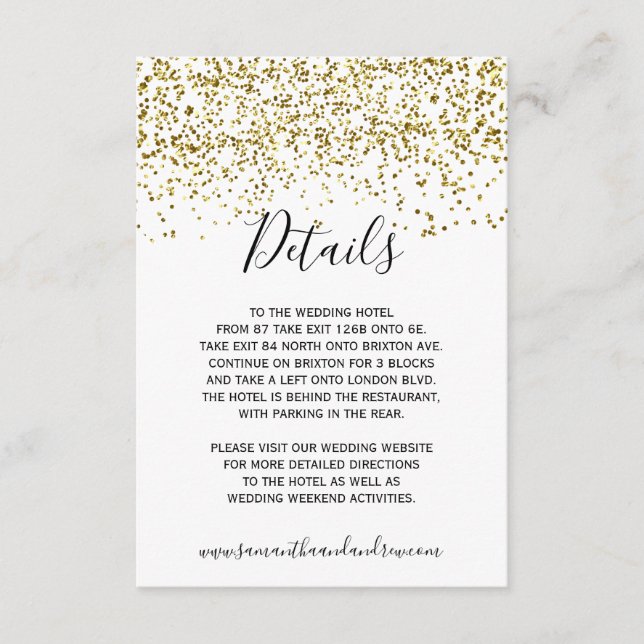 Carte D'accompagnement Détails de typographie blanche avec confettis doré (Devant)