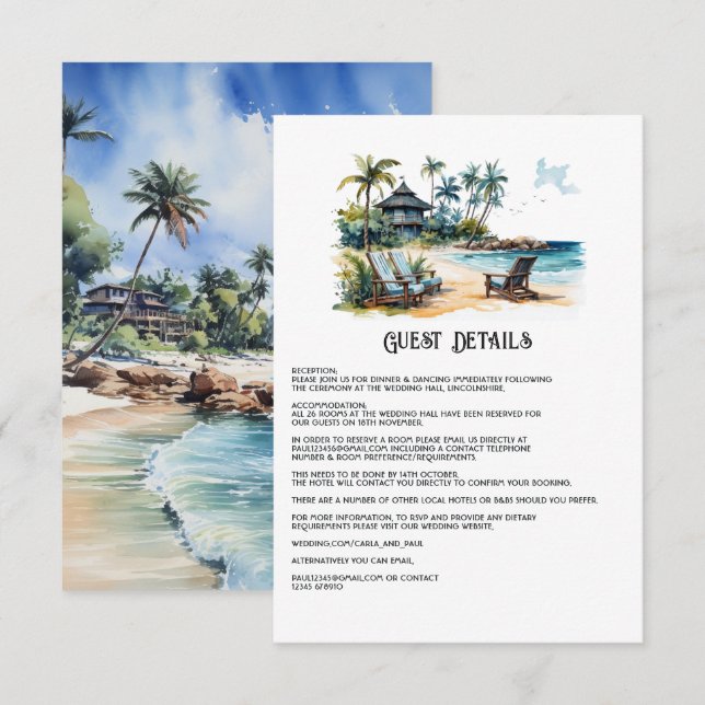 Carte D'accompagnement Détails des invités de mariage de destination des  (Devant / Derrière)