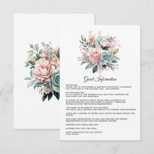 Carte D'accompagnement Détails des invités Rose Poussiéreuse, Vert Menthe (Devant / Derrière)