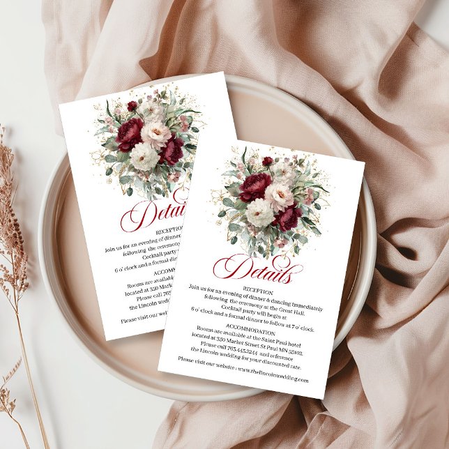 Carte D'accompagnement Détails dorés de Marsala Floral Eucalyptus de luxe (Premium Marsala Floral Eucalyptus Gold Details Card)