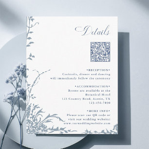 Carte D'accompagnement Détails du code QR de mariage botanique bleu pouss