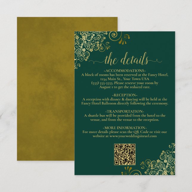 Carte D'accompagnement Détails du code QR Emerald & Gold Mariage (Devant / Derrière)