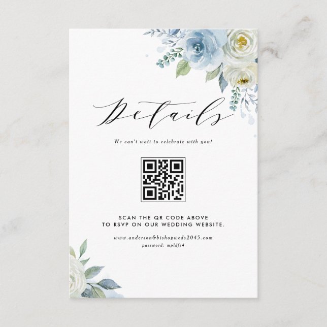 Carte D'accompagnement Détails du code QR Fleurs aquarelle bleue et blanc (Devant)