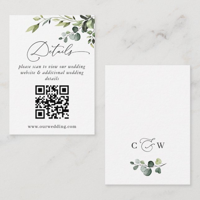 Carte D'accompagnement Détails du code QR Mariage simple Eucalyptus (Devant / Derrière)