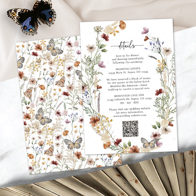 Carte D'accompagnement Détails du Fleur sauvage Rustic Boho (Rustic Boho Wildflower Details Enclosure Card with QR Code by Painted Paperie
)
