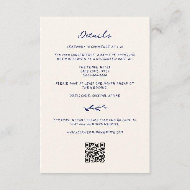 Carte D'accompagnement Détails du Mariage à main bleue QR Code (Devant)