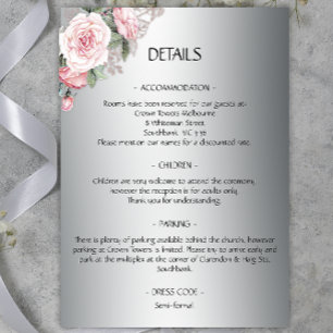 Carte D'accompagnement Détails du Mariage Argent et Rose
