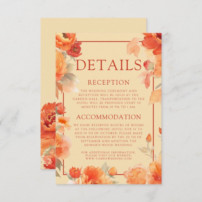 Carte D'accompagnement Détails du mariage Automne Brûlé Orange Floral (Devant / Derrière)