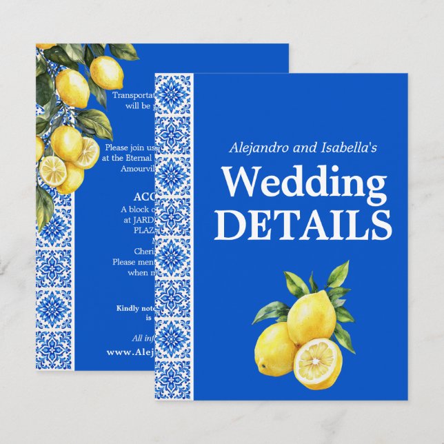 Carte D'accompagnement 💙🍋  Détails du Mariage Azul & Limone Romance (Devant / Derrière)